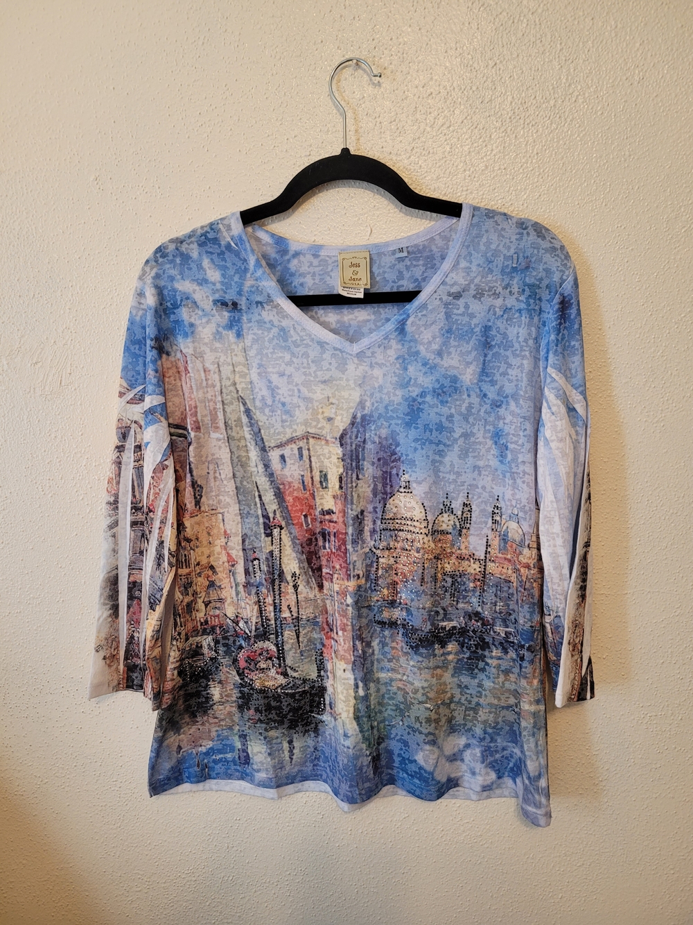 Jess & Jane Waterfront Venice Rhinestone Art Print Top Medium Made in USA